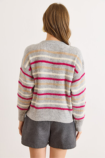 Olalook Pulover de tricotat cu textura moale, cu detaliu de barbă în dungi gri pentru femei KZK-19000893