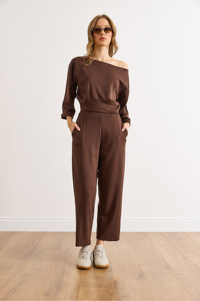 Olalook Kadın Kahverengi Dikiş Detaylı Modal Tuşeli Alt Üst Takım TKM-19000449