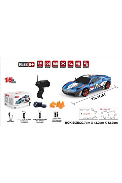 Toy RC Remote Control Car 1/24 Drift 4WD 15 km/h LED Lights 2x Batteries Interchangeable Tires,Blue