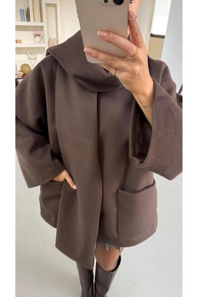 Sezgi Tekin Atkılı Oversize Kahve Kaşe Kaban