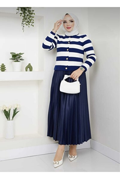 Bahar Altundemir Kadın Triko Hırkalı Piliseli Deri Etek Tesettür Takım 01