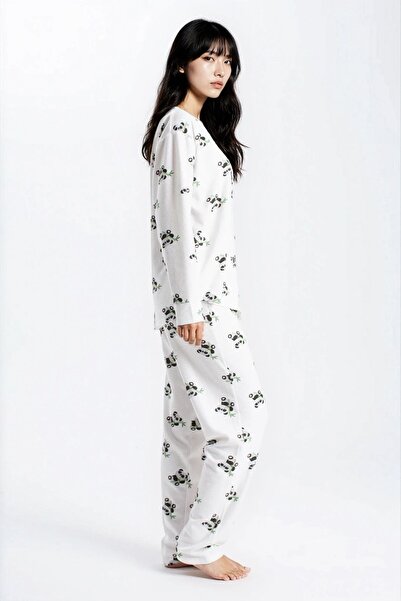 Ecrou Kadın Ekru Waffle Panda Kingdom Desenli Uzun Kol Pantolon Pijama Takım