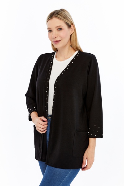 Curvy Trend Plus Size Pearl Embroidered Pocket Soft Flowy Fabric Cardigan
