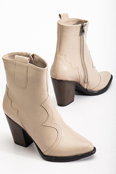 Aymood 117 Beige Cowboy Stitching Detailed Zippered High Heeled Casual Women's Boots
