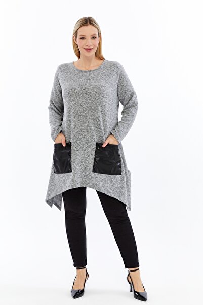 Curvy Trend Plus Size Front Leather Pocket Slit Long Sleeve Soft Fabric Tunic