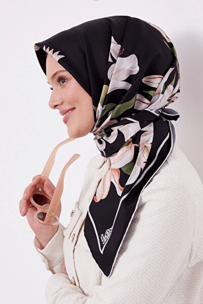Levidor Trend Twill Eşarp LDT281 Çiçekli Desen 01-Siyah-Krem-Haki