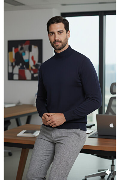 Millionaire Чоловічий синій светр з напівкомірцем, стандартний крій, регулярний, з вовни та акрилу