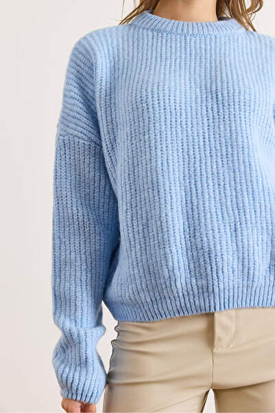 Olalook Pulover tricotat gros, cu mâneci balon, cu textura moale, albastru bebeluș pentru femei KZK-19001037