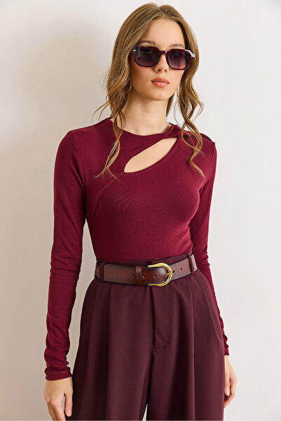 Olalook Women's Burgundy Cotton Modal Drop Neckline Stretchy Blouse Blz-19003130