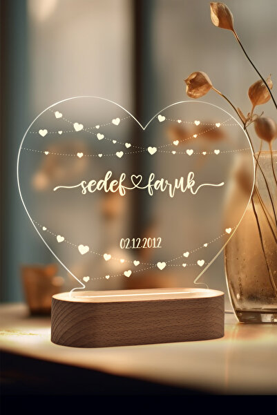 Karma Light Markt Çiftler için Minik Kalp Motifli Kişiye Özel Ledli Gece Lambası