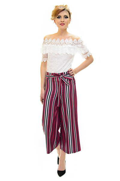 Elis Fashion Pants Women's purple culotte pants with stripes and drawstring