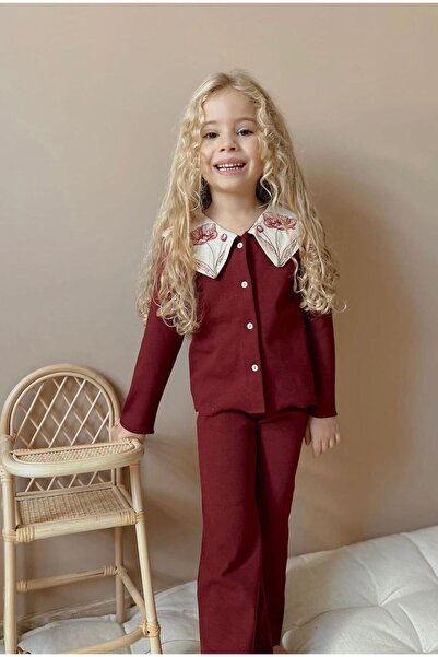le petit sole Girl's Lily Embroidered Burgundy Top and Bottom Set