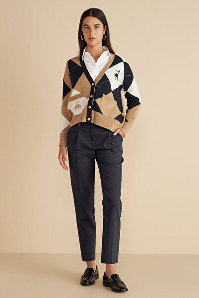 BROOKS BROTHERS Kadın Lacivert Pamuk Karışımlı Metal Logo Detaylı Yarım Lastikli Pantolon