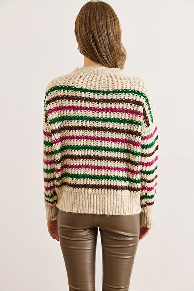 Olalook Women's Stone Fuchsia Colored Striped Thick Soft Textured Knitwear Sweater Kzk-19000917