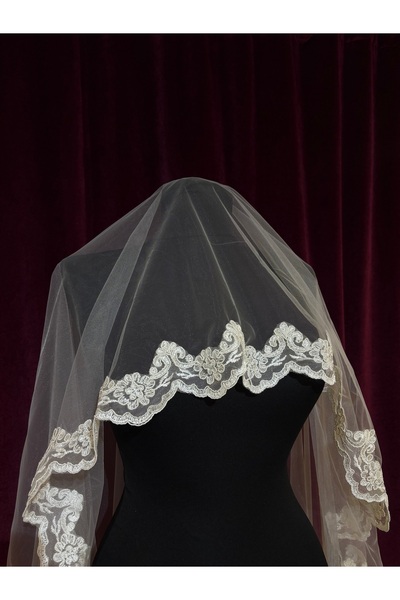 Tasarım Dantel Kenarlı Kırık Beyaz Nikah Düğün Gelin İçin Duvak (200cm)