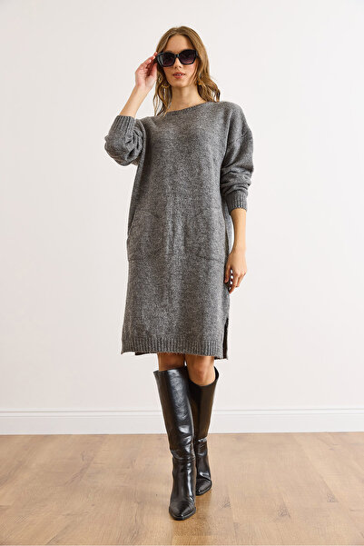 Olalook Women's Gray Kangaroo Pocket Slit Knitwear Tunic Dress Elb-19002550
