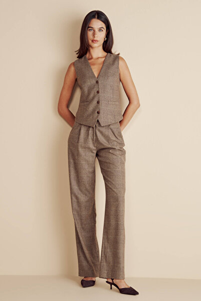 BROOKS BROTHERS Kadın Kahverengi-Bej Yün Karışımlı Ekose Desenli Pileli Pantolon