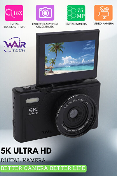 Wair Teknoloji 5K Ultra HD Vlog Kamera – 75MP, WiFi, 18x Zoom, Türkçe Menü
