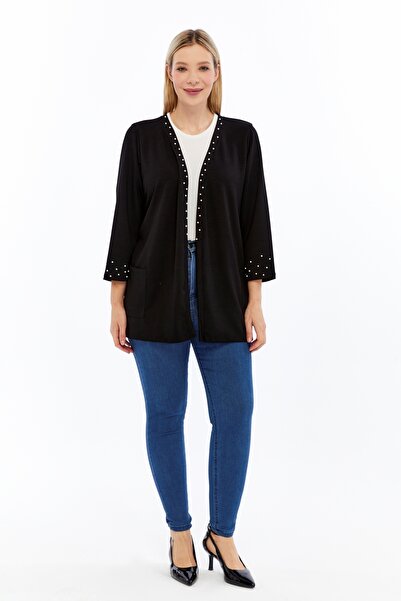 Curvy Trend Plus Size Pearl Embroidered Pocket Soft Flowy Fabric Cardigan