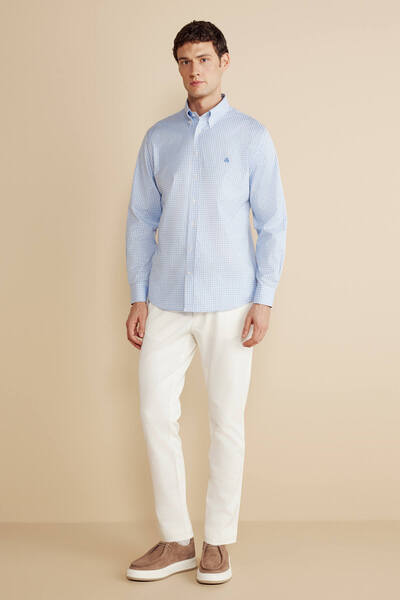 BROOKS BROTHERS Erkek Mavi-Beyaz %100 Pamuk Düğmeli Yaka Regular Fit Uzun Kol Kareli Gömlek