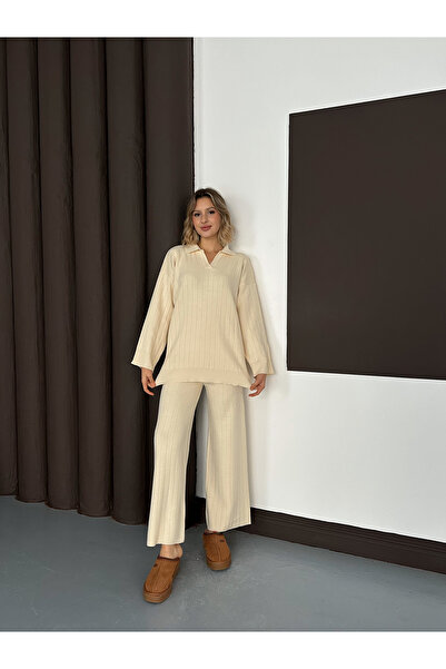 LE CARAMBOLE Women's Ecru Polo Neck Top and Bottom Knitwear Set