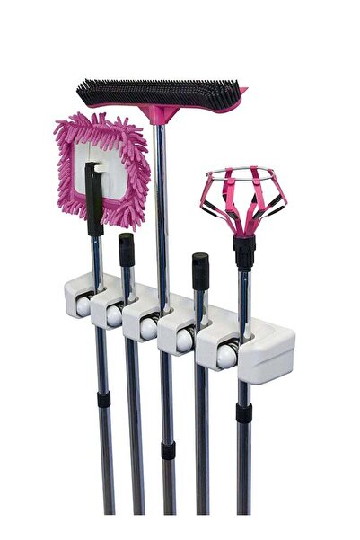 Generic Mop and Broom Holder Wall-Mounted Organizer, 5 Positions with 6 Hooks (Multicolour)