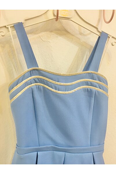 Erkut Rochie de seara scurta pentru fete din stofa creponata de culoare indigo cu bretele groase