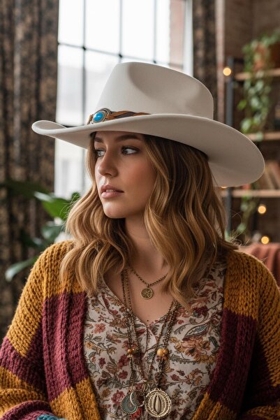 Külah White Bohemian Cowboy Hat with Leather Stripe and Turquoise Stone