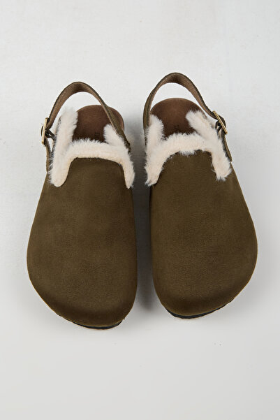 no miento Lapaz Fur Women's Vegan Leather Buckle Khaki Sabo Slippers