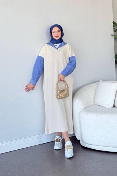 Bahar Altundemir Kadın Oversize Gömlekli Triko Uzun Elbise