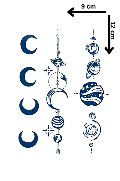 Barly 30 Gün / 1 Ay Kalıcı Gezegen ve Ay Figürlü 12 Saat Sonra Kararan Geçici Dövme Tattoo