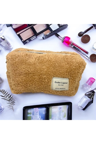 etoiles legend حقيبة مكياج من القطيفة بلون بني فاتح