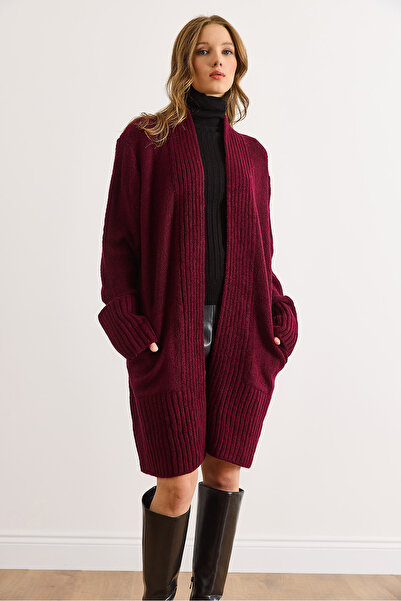 Olalook Women's Burgundy Pocket Detail Collar Detailed Soft Textured Knitwear Cardigan Hrk-19000322