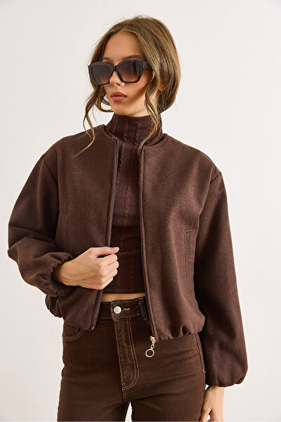 Olalook Γυναικείο καφέ μπουφάν με επένδυση με λαιμόκοψη και κέντημα CKT-19000485