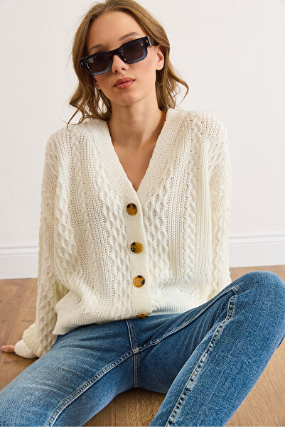 Olalook Women's White Hair Knit Detailed V-Neck Knitwear Cardigan Hrk-19000434