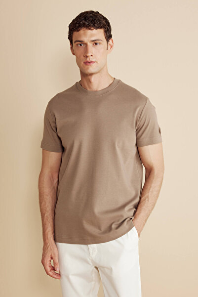 BROOKS BROTHERS Erkek Vizon %100 Pamuk Bisiklet Yaka Kolu Patch Logolu Tişört