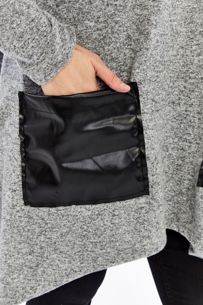 Curvy Trend Plus Size Front Leather Pocket Slit Long Sleeve Soft Fabric Tunic