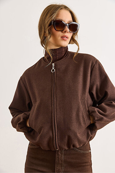 Olalook Γυναικείο καφέ μπουφάν με επένδυση με λαιμόκοψη και κέντημα CKT-19000485