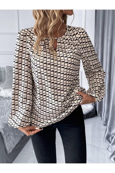 JANES Kadın Uzun Kollu Damla Detaylı Yaka Desenli Süprem Bluz