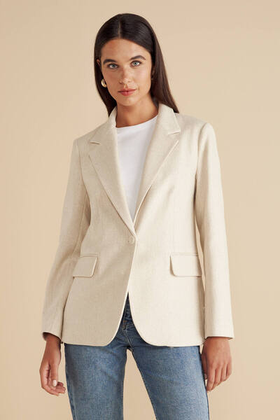 BROOKS BROTHERS Kadın Bej Yün Karışımlı Arkası Düğme Detaylı Balıksırtı Desen...