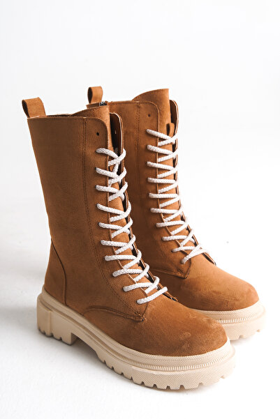 Ayakkabı Delisiyim Γυναικείες μπότες Suede Tan Mia με κορδόνια με φερμουάρ μέσα με χοντρή σόλα αδιάβροχη