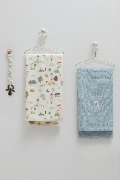 Caramell 3-Piece Baby Set 100% Cotton 80-90cm 1 Muslin Blanket + 1 Combed Cotton Blanket + Pacifier Strap He