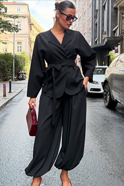 Ded COLLECTION Women's Belt Detailed Blazer Jacket Baggy Trousers Stylish Set