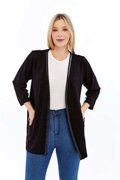 Curvy Trend Plus Size Leather Paneled Pocket Soft Flowy Fabric Cardigan