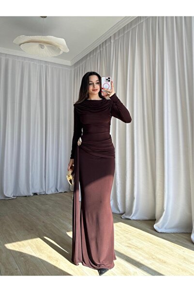 Mooi Butik LOST Maxi Elbise 8644 - Acı Kahve