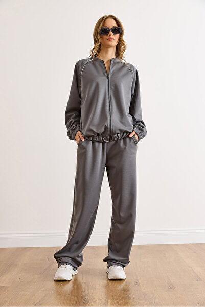 Olalook Women's Gray Striped Detail Bottom Top Tracksuit Set Etkm-0000089