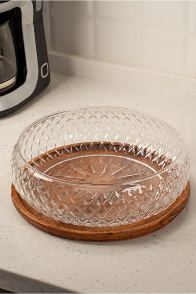 Decoplay Cam Salata Kasesi ve Tepsi Seti Büyük Boy 28 cm – Ahşap Tepsili Cam Salata Kase Seti