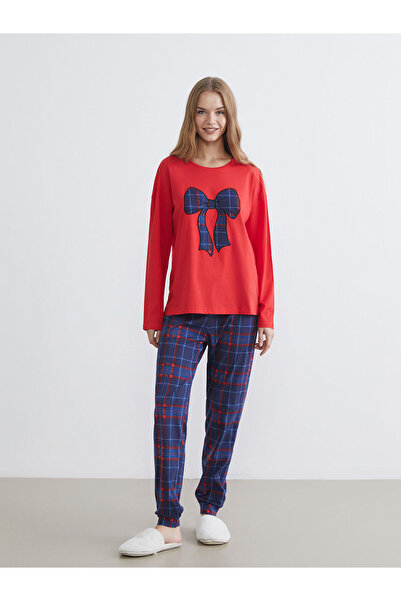 LC Waikiki guler rotund Set de pijamale pentru femei Bow cu imprimeu