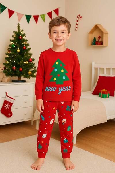 Little Miny Kids Yılbaşı Desen Kırmızı Erkek Çocuk Pijama Takım