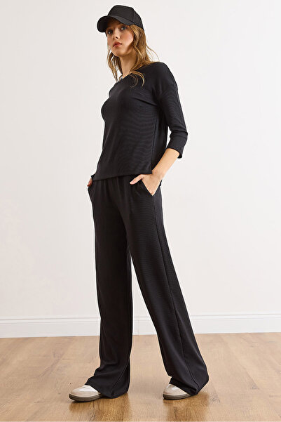 Olalook Women's Black Soft Textured Flowy Top and Bottom Set Tkm-19000450